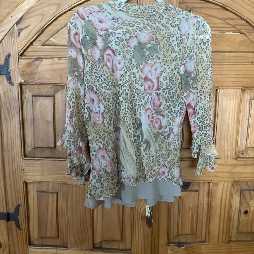 Worthington Pink Floral Leopard SILK Blouse XL - Picture 2 of 5